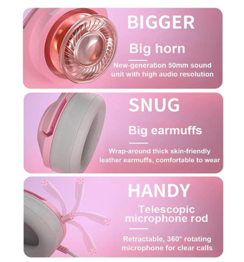 TECTED™ Kitty RGB Gaming Headset – Roze met Kattenoortjes